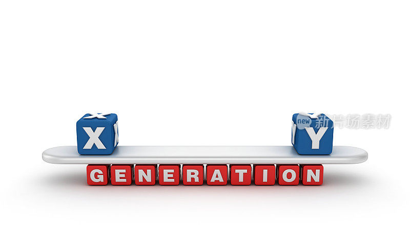 跷跷板与GENERATION X Y流行语立方体- 3D渲染
